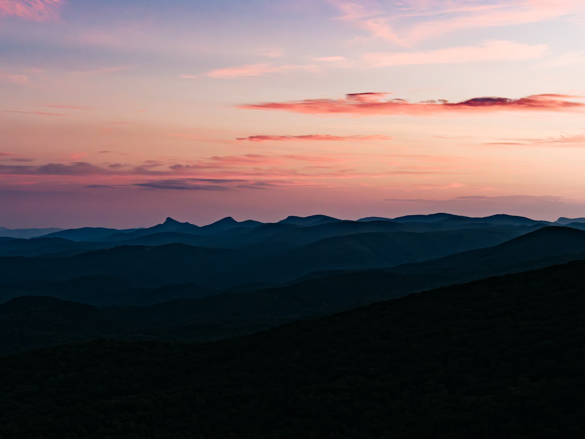 Layered ridgelines of the Great Smoky Mountains at dusk